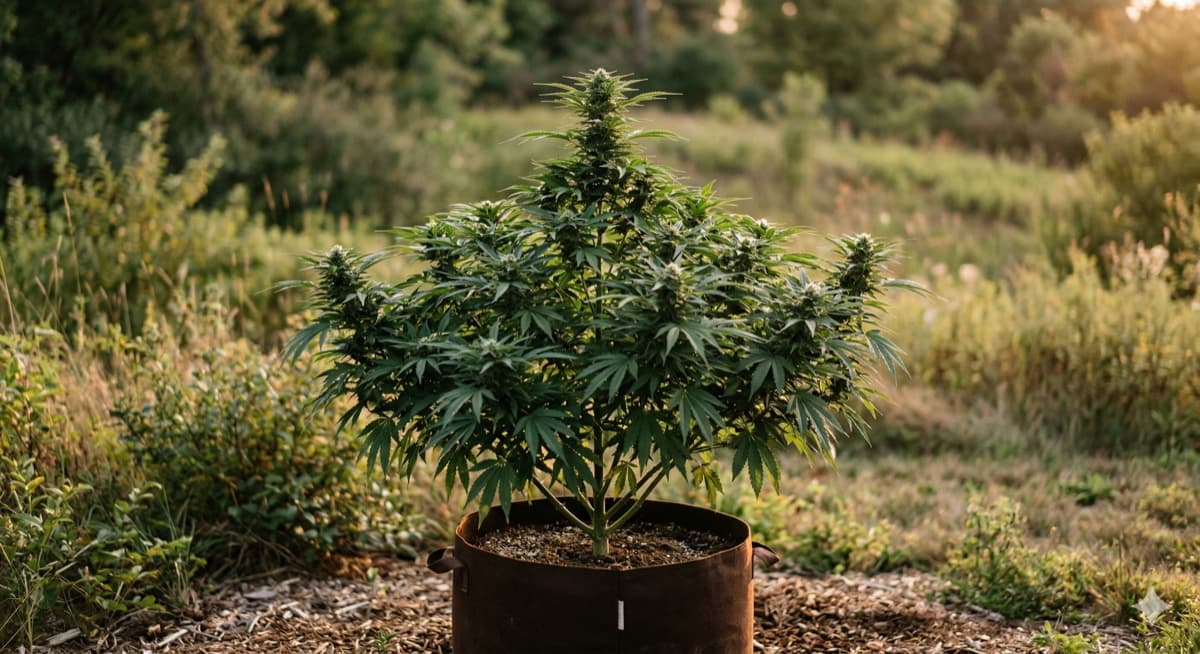 Cannabis plant growing outdoors in soil