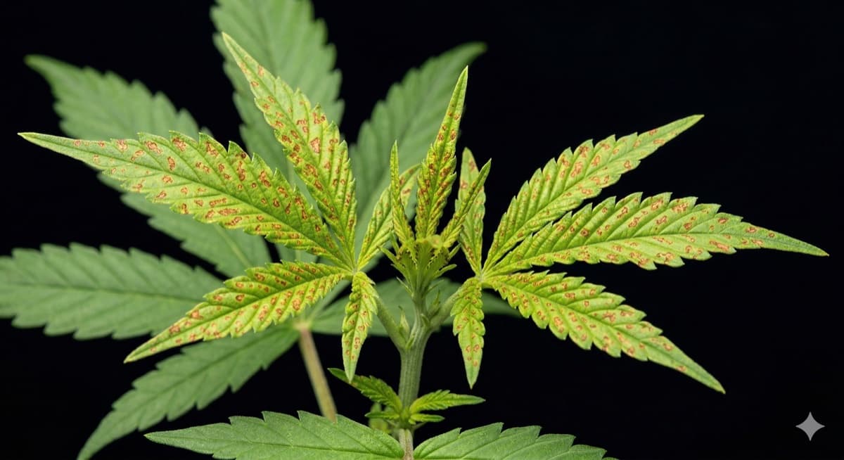 Cannabis leaf showing calcium deficiency with pale new growth