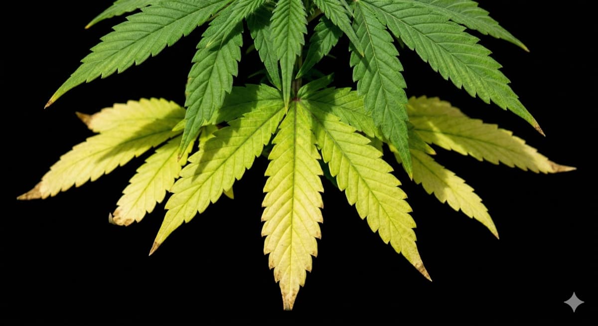 Cannabis leaf showing nitrogen deficiency with yellowing