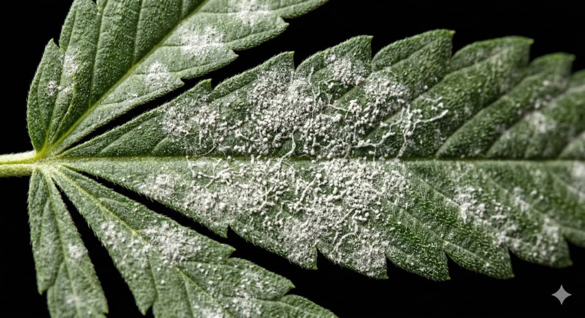 Cannabis leaf covered in powdery mildew