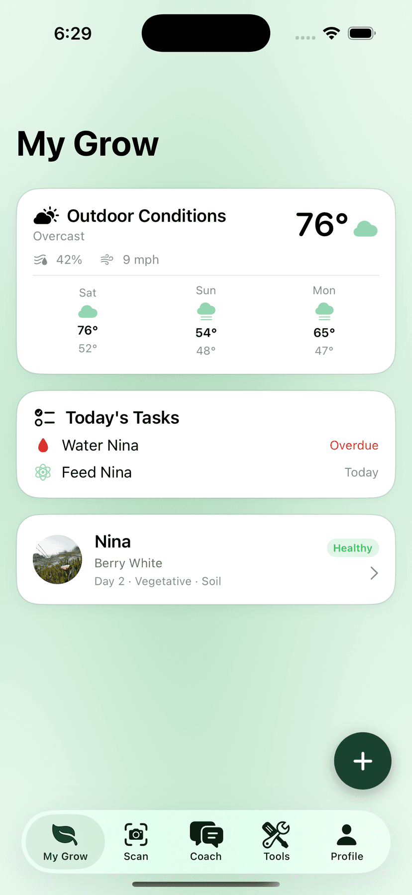 My Grow dashboard — Cultivar app
